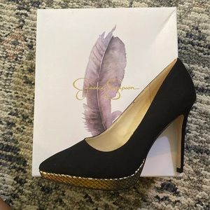 Jessica Simpson black and Gold detailed heels